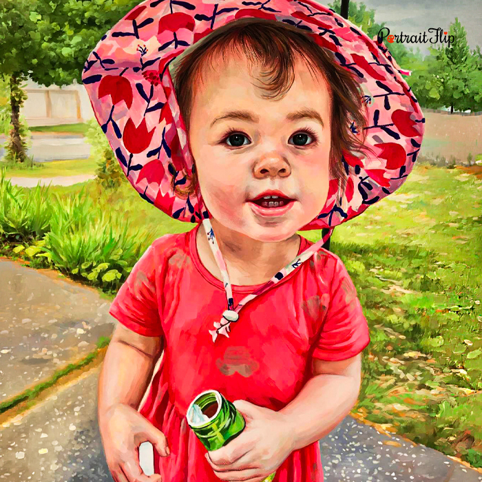 Pastel painting of toddler in pink sun hat with bubbles